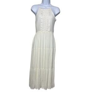Lulu’s Cream Gauze Crochet Embroidered Halter Tiered Bohemian Maxi Dress